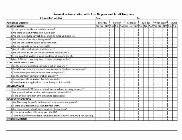 Daily Equipment Inspection form Beautiful Scissor Lift 2 Daily Inspection Log