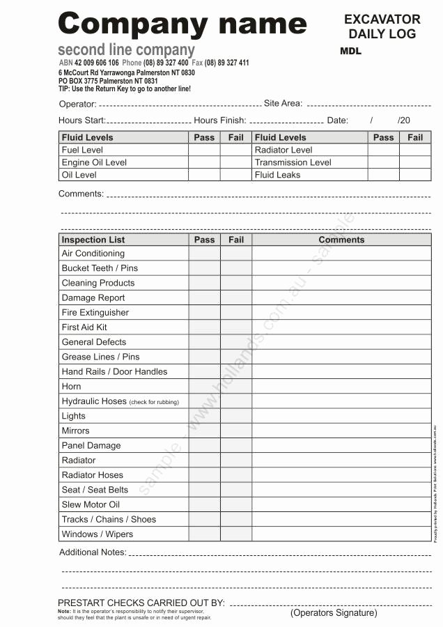 Daily Equipment Inspection form Best Of Excavator Daily Log Book