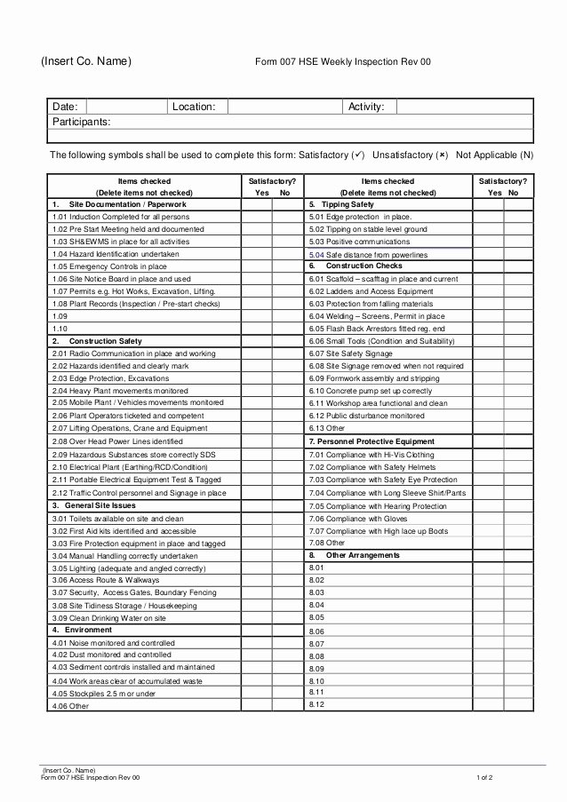 Daily Equipment Inspection form Elegant form 007 Hse Weekly Inspection