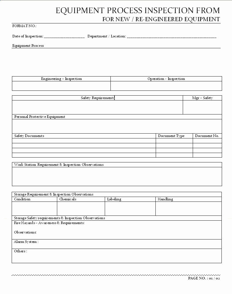 Daily Equipment Inspection form Fresh Equipment Inspection Sheet Template