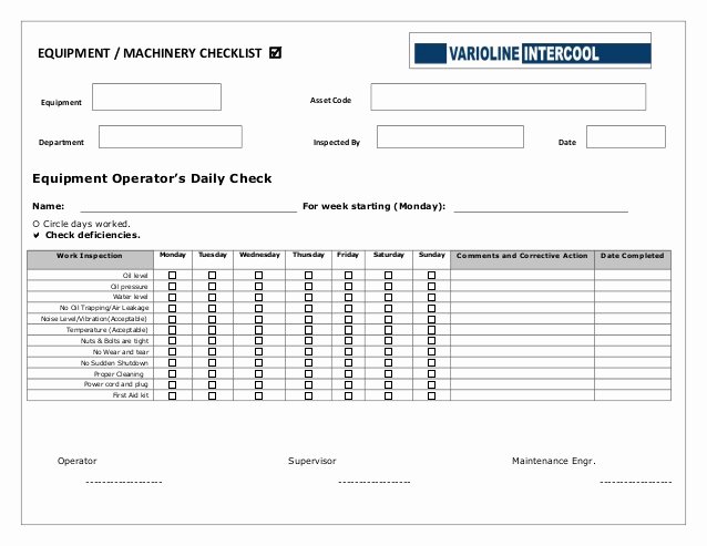 Daily Equipment Inspection form Fresh Equipment Operators Daily Checklist