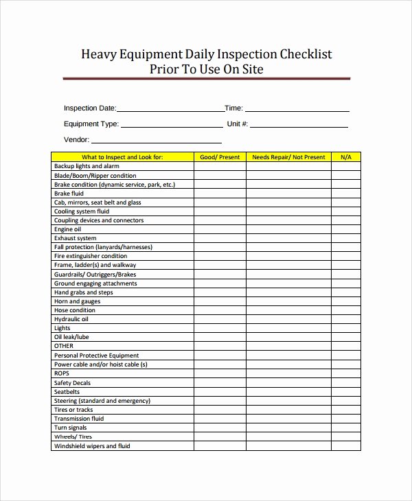 Daily Equipment Inspection form Inspirational 13 Equipment Checklists Pdf Word Excel Pages