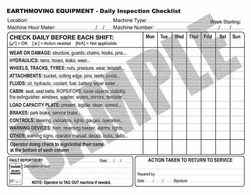 Daily Equipment Inspection form Inspirational Daily Inspection Checklist for Earthmoving Equipment