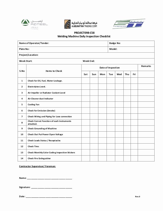 Daily Equipment Inspection form Luxury Weekly Welding Machine Checklist