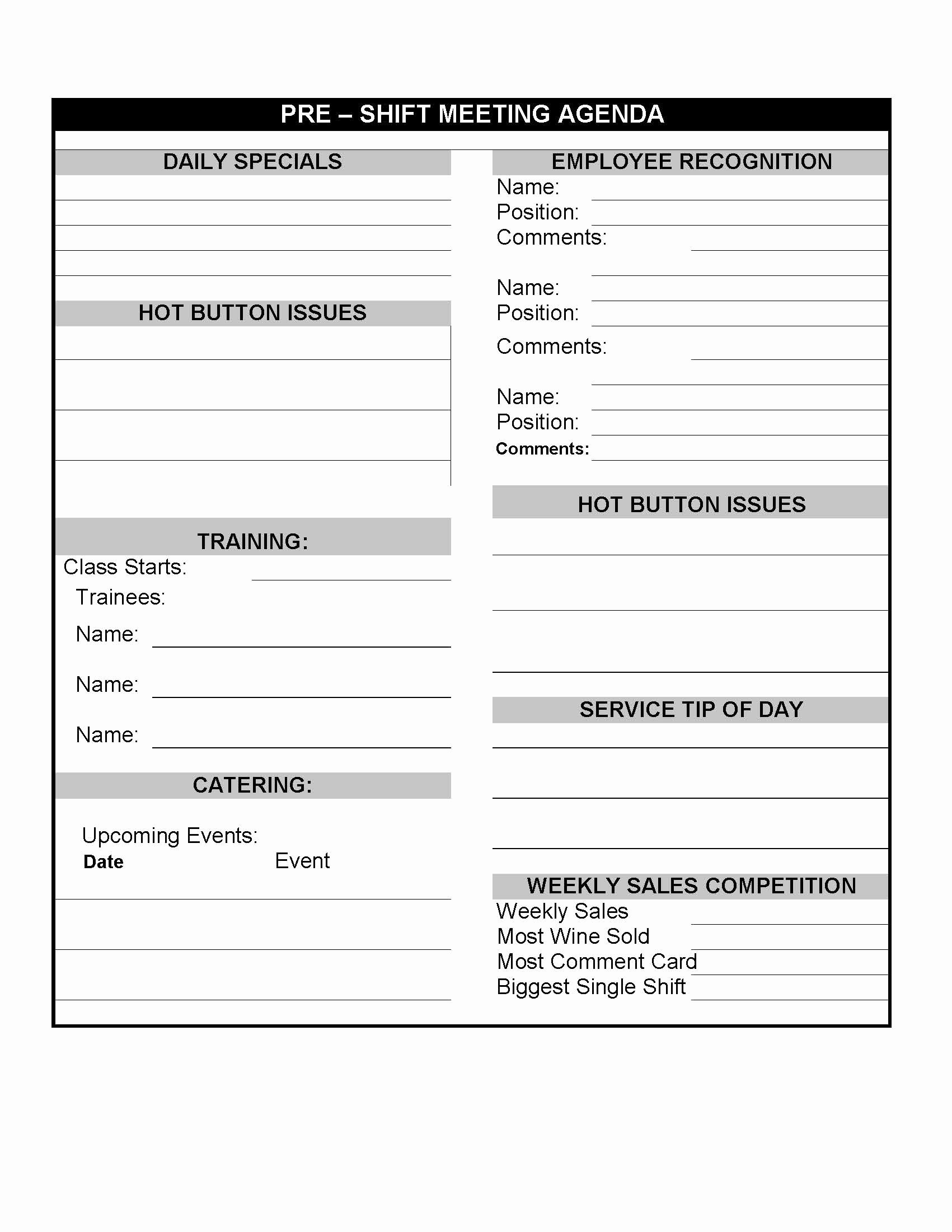 Daily Huddle Template Best Of Daily Restaurant Pre Shift Meeting Sheet