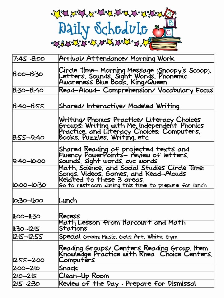 Daily School Schedule Template Beautiful Kindergarten Celebration Daily Schedule