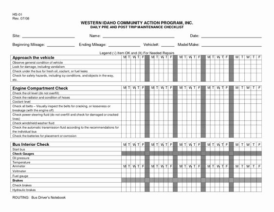 Daily Vehicle Inspection Report Template New Daily Vehicle Maintenance Checklist Template …