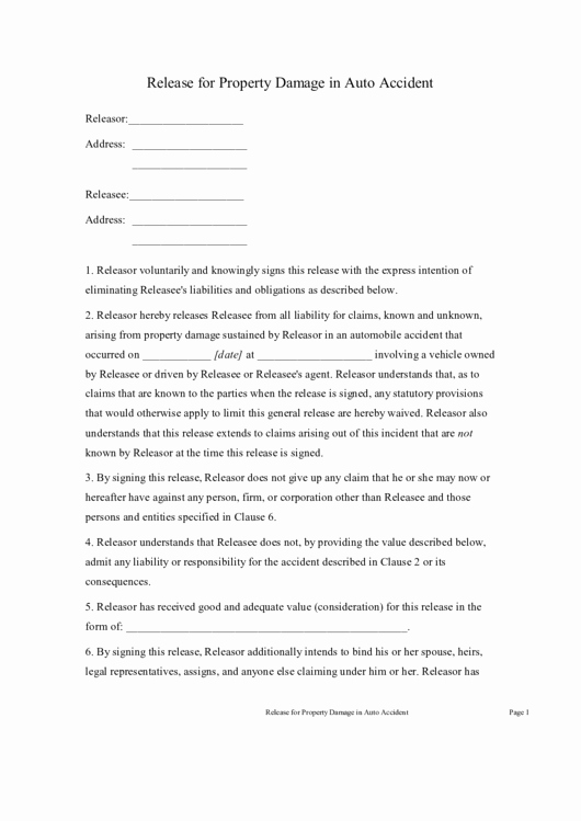 Damage Waiver form Awesome Release for Property Damage In Auto Accident Printable Pdf