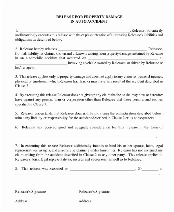 Damage Waiver form Elegant Auto Accident Release