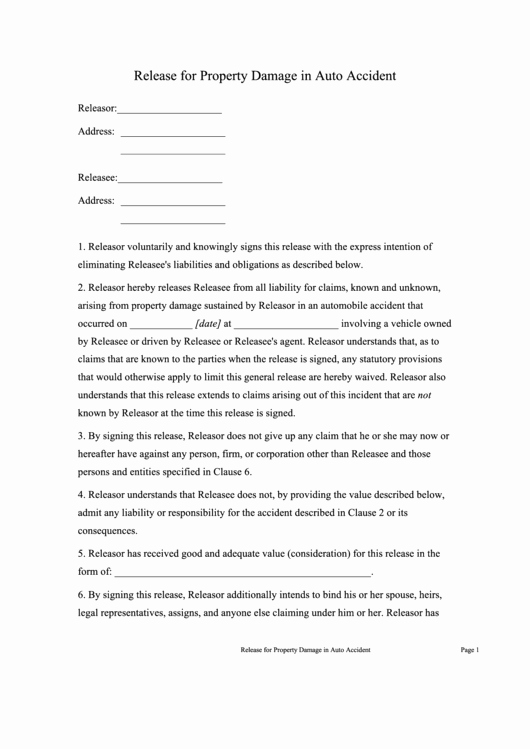 Damage Waiver form Inspirational Fillable Release for Property Damage In Auto Accident