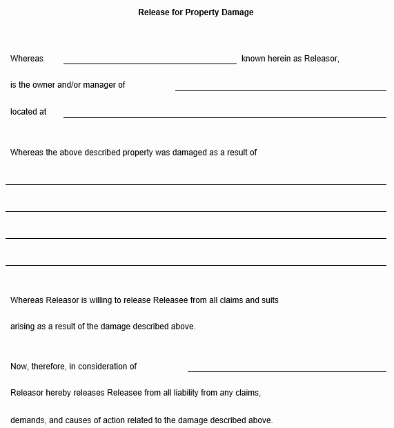 Damage Waiver form Lovely Release for Property Damage Template