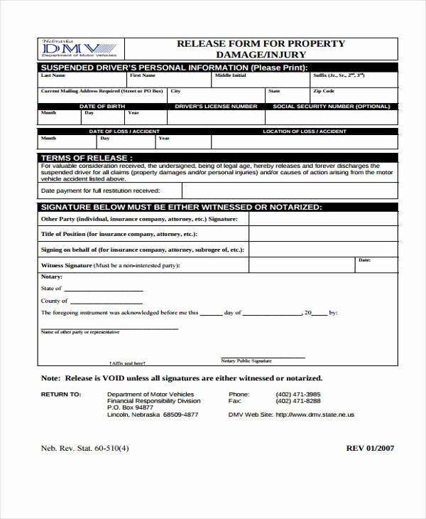 Damage Waiver form New 8 Property Release form Samples Free Sample Example