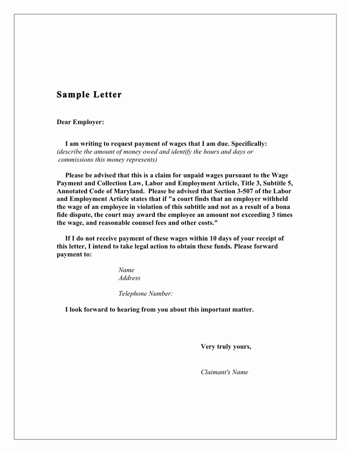 Demand Letter Template for Money Owed Luxury Demand Letter to Employer Sample Maryland In Word and