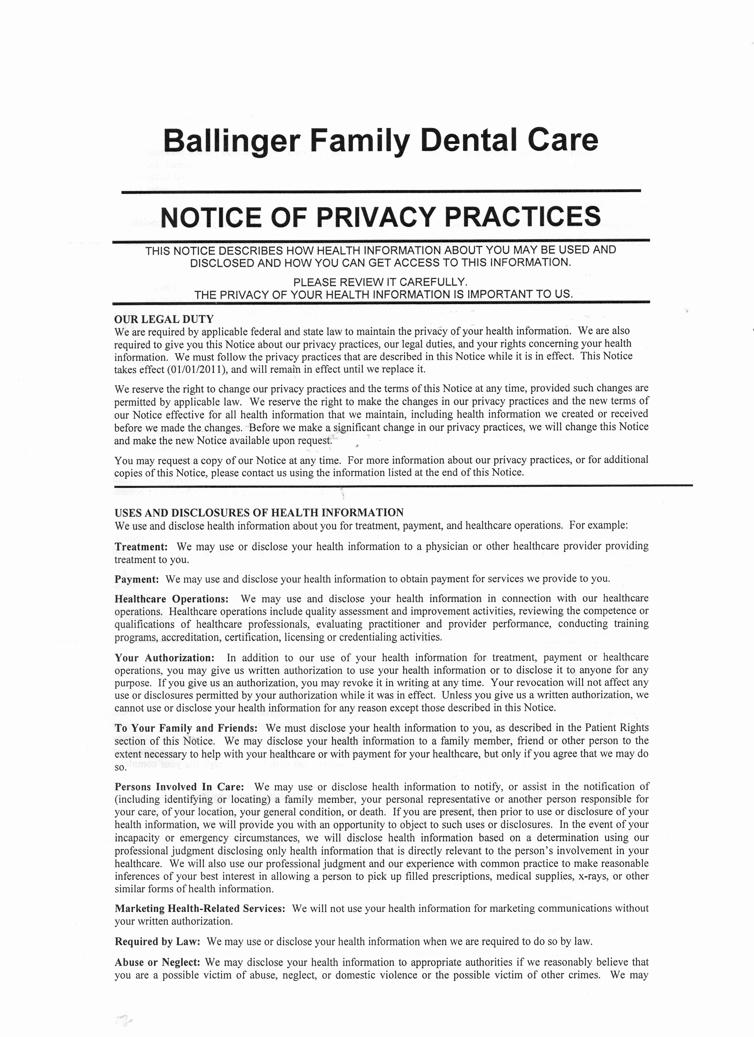 Dental Patient forms Template Beautiful Ballinger Family Dental Care Privacy Policy