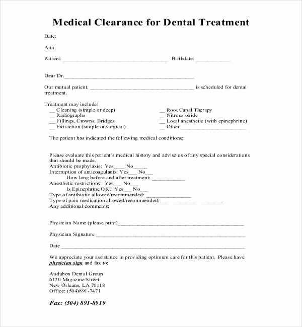 Dental Patient forms Template Fresh Medical Clearance form for Dental Treatment