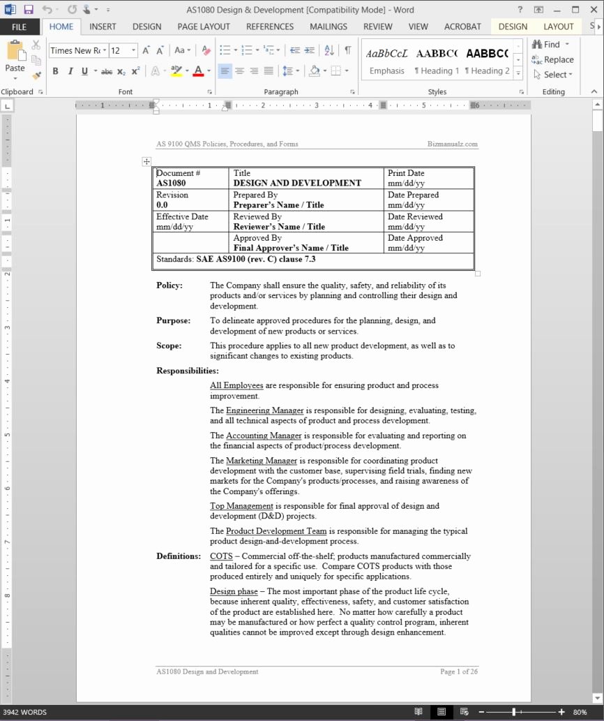 Design and Development Plan Template Unique as9100 Design and Development Procedure