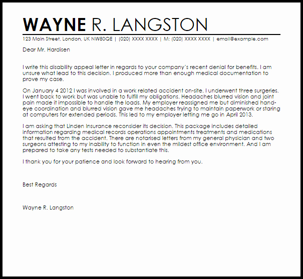 Disability Letter From Doctor Sample Unique Disability Appeal Letter Example