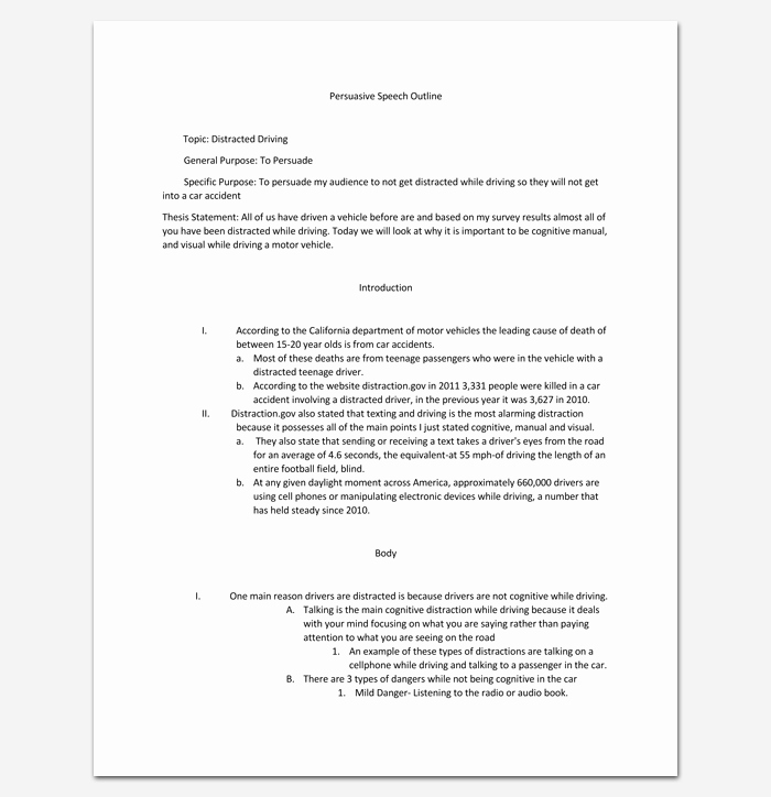 Distracted Driving Essay Outline Elegant Persuasive Speech Outline Template 15 Examples Samples
