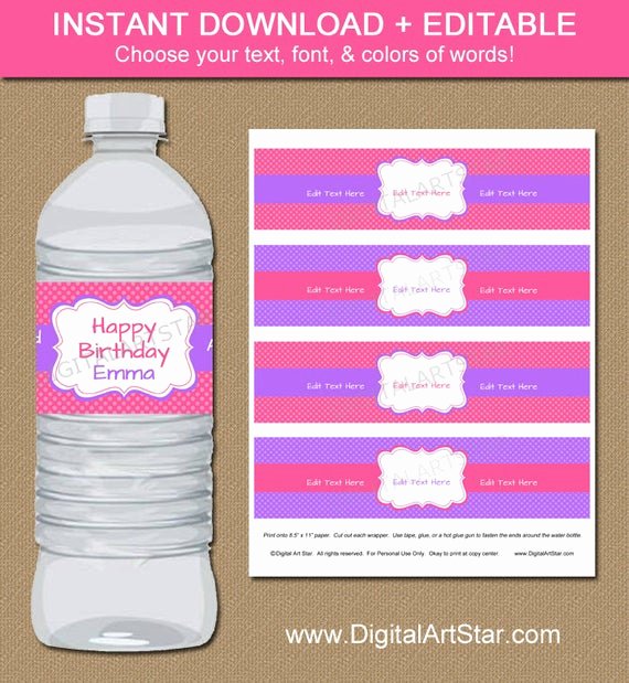Diy Water Bottle Label Template New Pink and Purple Water Bottle Labels Diy Editable In Adobe