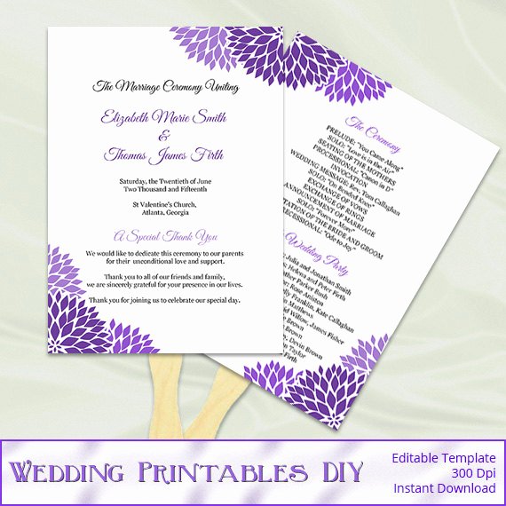 Diy Wedding Fan Template Fresh Wedding Program Fan Template Diy Purple by