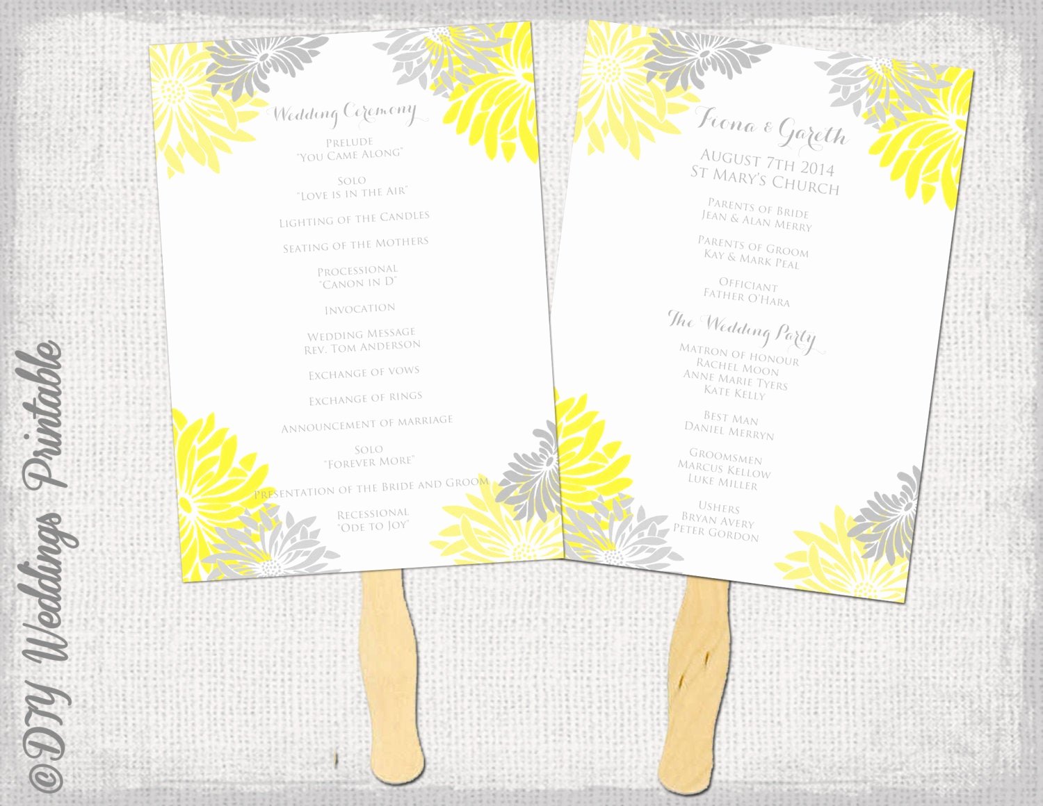 Diy Wedding Program Fan Templates Awesome Wedding Fan Program Template Flower Burst Yellow