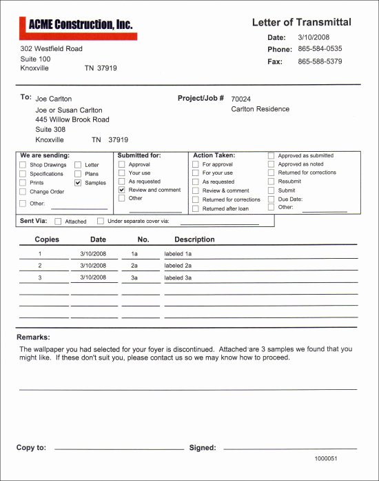 Document Transmittal form Template Elegant Construction Management software