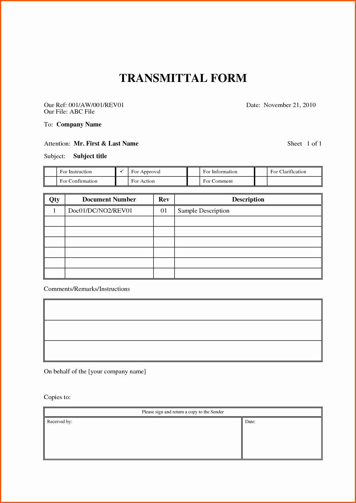 Document Transmittal form Template Lovely Free Construction Letter Transmittal Template Samples