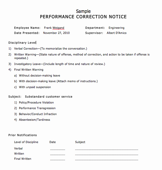 Documenting Employee Performance Template Elegant Sample Performance Correction Notice to solve Workplace