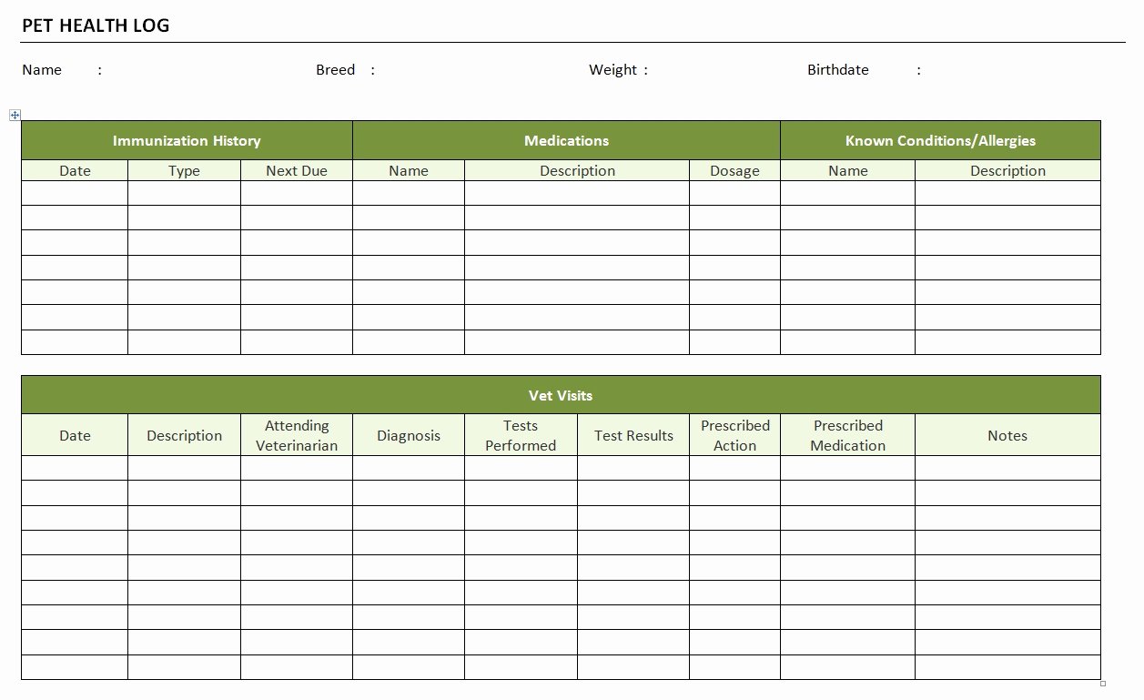 Dog Health Record Template Awesome Pet Health Log