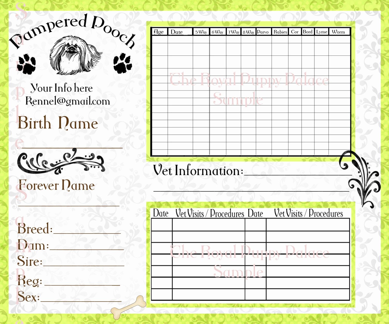 Dog Health Record Template New Pampered Pooch Green Customizable Vaccination Cards for Dog