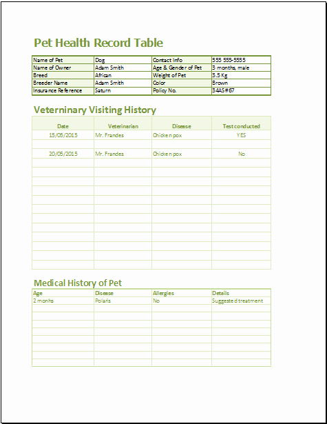 Dog Health Record Template Unique 20 Medical form Logs Sheets &amp; Templates