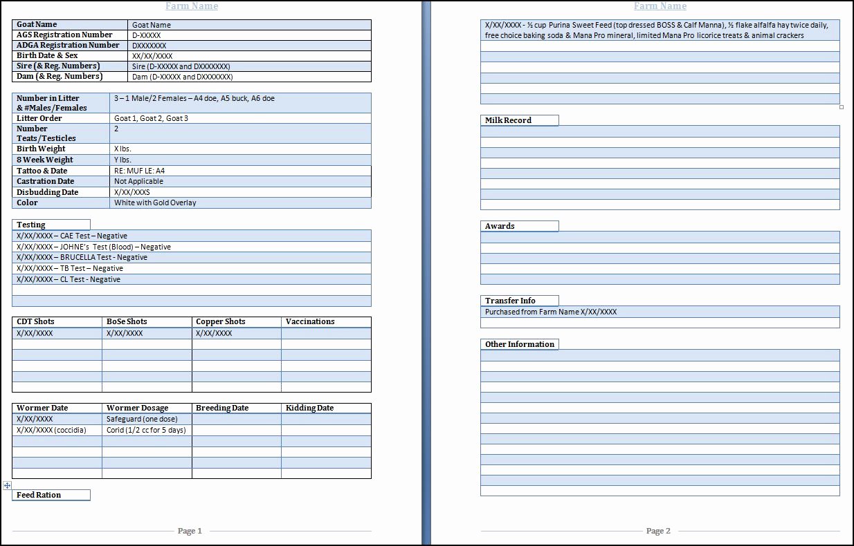 Dog Shot Record Template Unique Goat Health Record form Downloadable