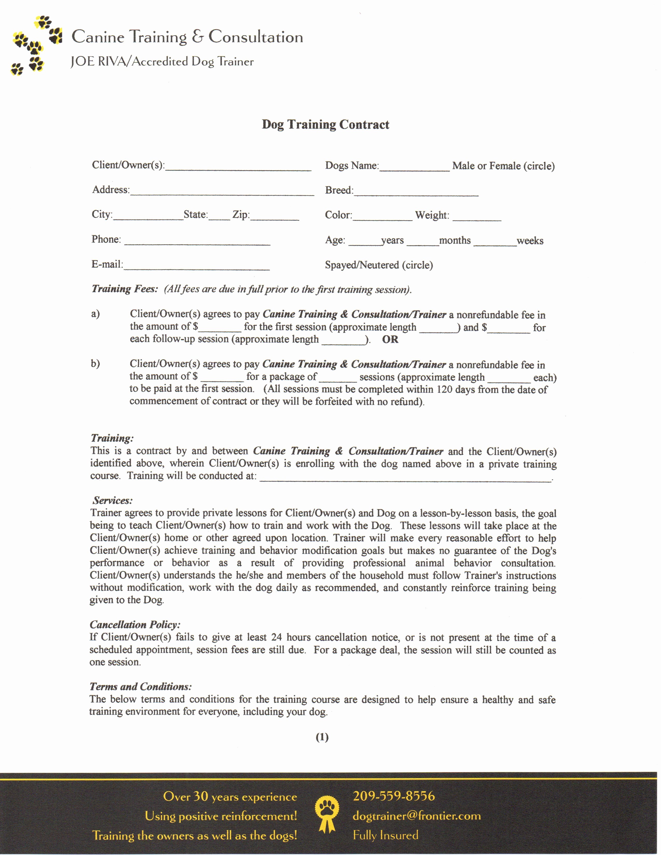 Dog Training Contract Template Elegant Contract