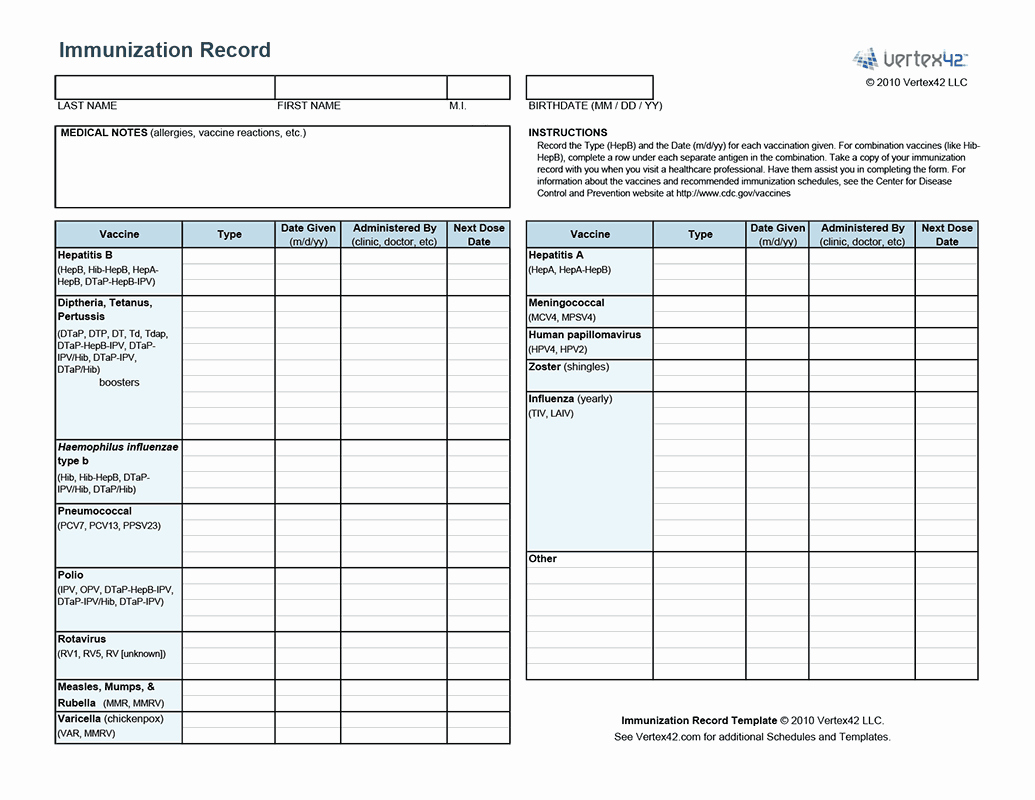 Dog Vaccination Record Template Inspirational Free Printable Immunization Record Pdf From Vertex42