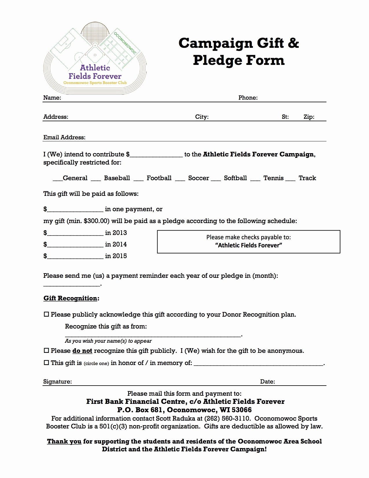 Donor Pledge Card Template Awesome Aff Campaign Football Osbc