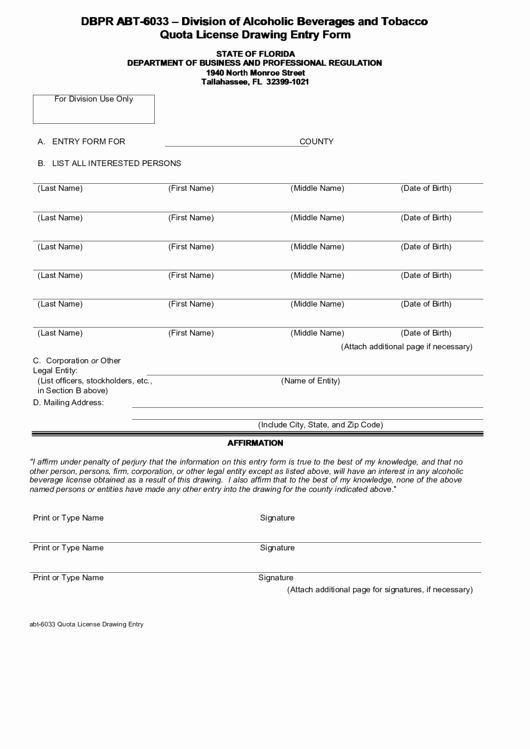 Drawing Entry form Template Elegant Fillable Division Alcoholic Beverages and tobacco Quota