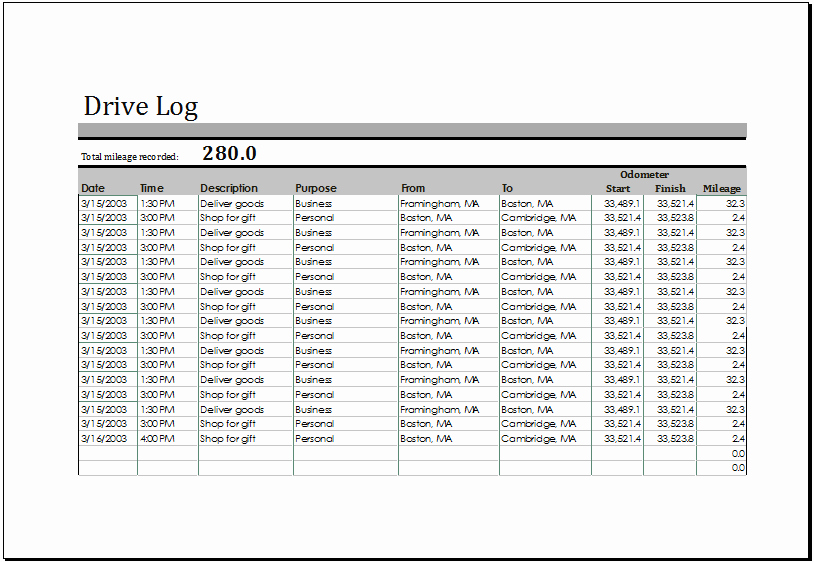 Driver Log Template Awesome Ms Excel Printable Drive Log Template