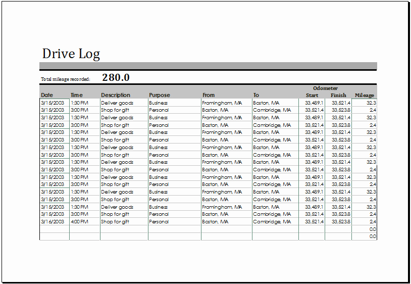 Driver Log Template Awesome Ms Excel Printable Drive Log Template