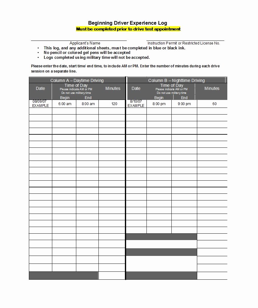 Driver Log Template Elegant 50 Printable Driver S Daily Log Books [templates &amp; Examples]