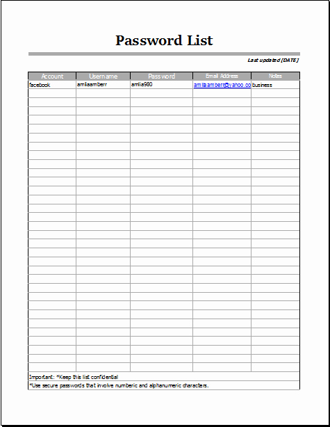 Editable Checklist Template Word Awesome Ms Excel Editable Printable Password List Template