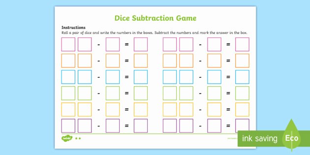 Editable Dice Template New Dice Subtraction Game Sheet Activities Activity Subtract