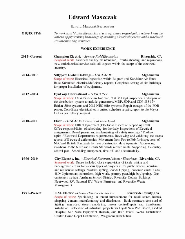 Electrical Scope Of Works New Resume Edward Maszczak Linkedin