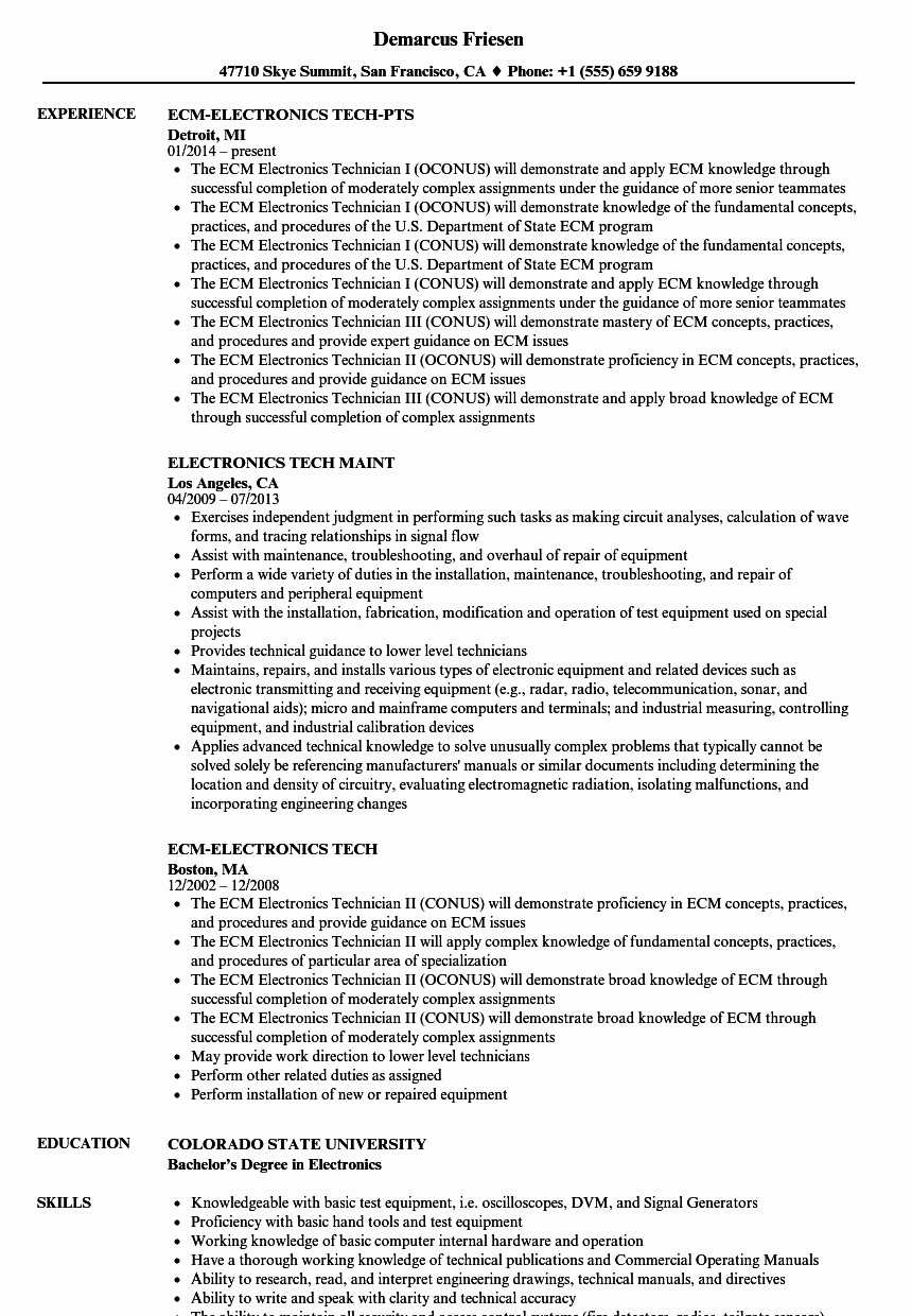 Electronics Technician Resume Sample Beautiful Electronics Tech Resume Samples