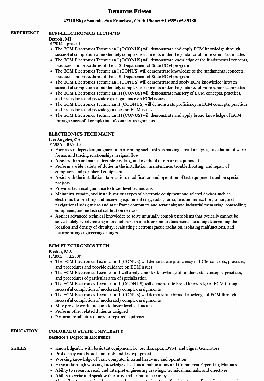 Electronics Technician Resume Sample Beautiful Electronics Tech Resume Samples