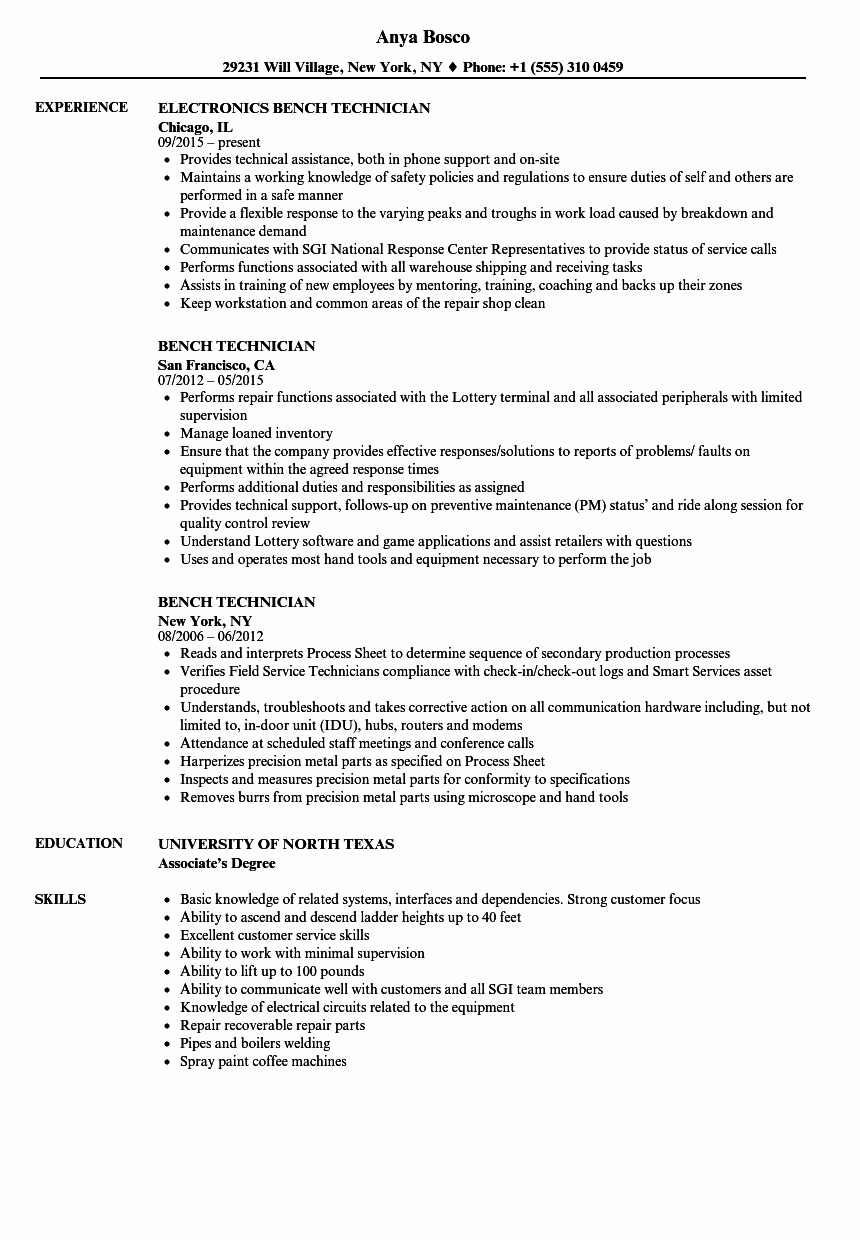 Electronics Technician Resume Sample Elegant Bench Technician Resume Samples