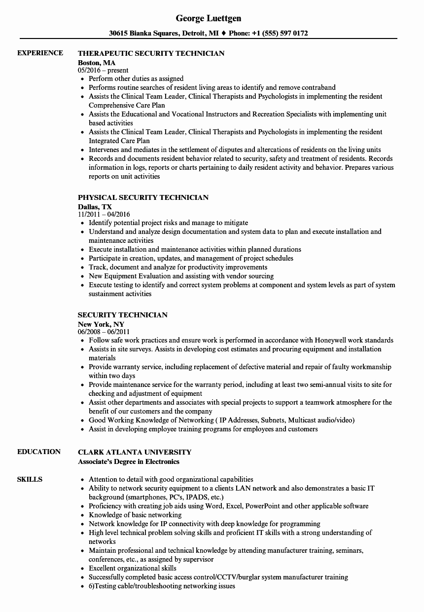 Electronics Technician Resume Sample Elegant Security Technician Resume Samples