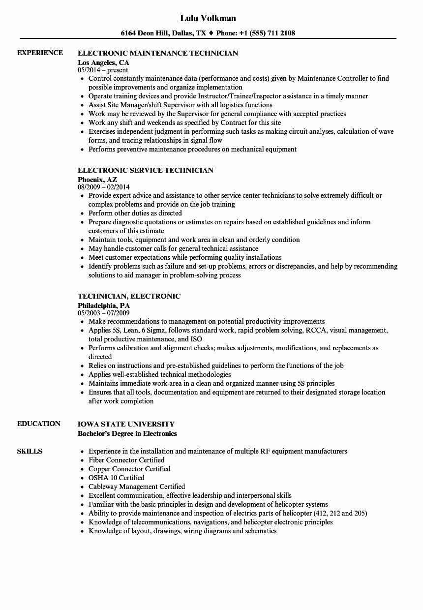 Electronics Technician Resume Sample Fresh Technician Electronic Resume Samples