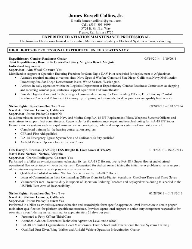 Electronics Technician Resume Sample Lovely Avionics Resume James Collins