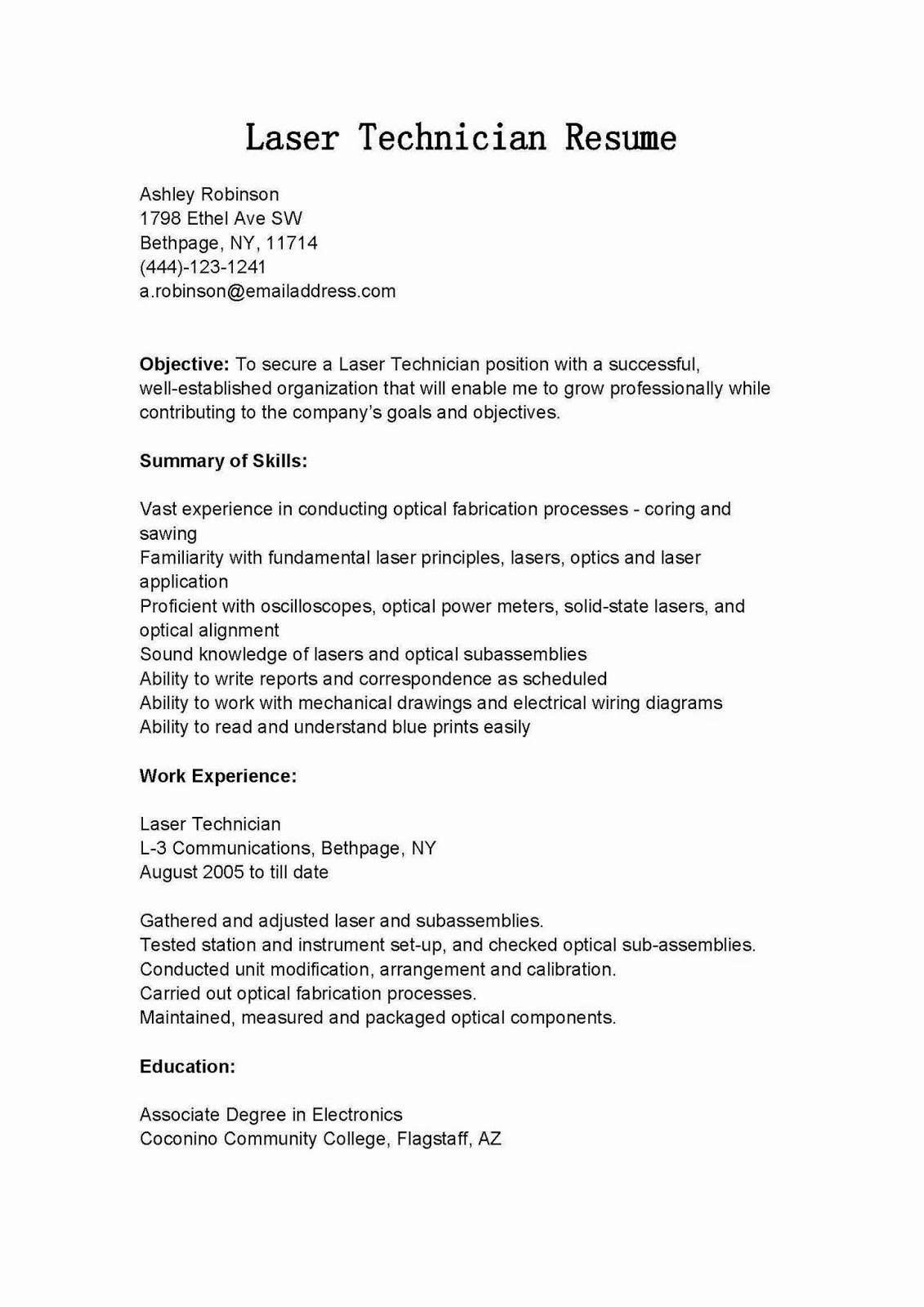 Electronics Technician Resume Sample Luxury Resume Samples Laser Technician Resume Sample