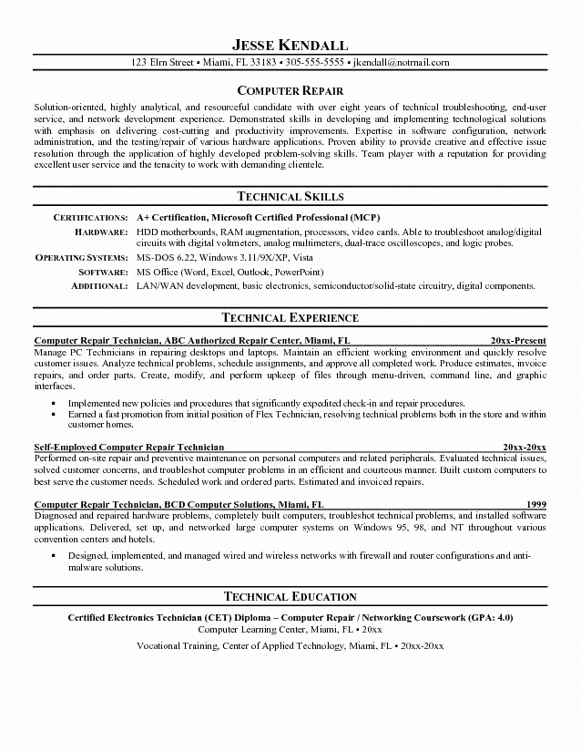 Electronics Technician Resume Sample New Puter Repair Technician Resume